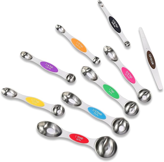 16-Piece Magnetic Measuring Cups and Spoons Set, Stainless Steel with Non-Slip Silicone Handles and Leveler, Essential Kitchen Baking Tools (Multicolor)