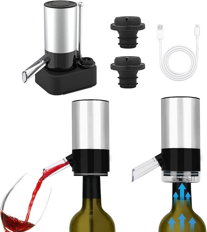 KITCHENDAO Rechargeable Electric Wine Aerator Dispenser and Wine Saver Pump, Built-in Sound Indicator, Automatic Wine Pourer with USB-C Cable, Storage Base and 2 Stoppers, Ideal Gift for Wine Lovers