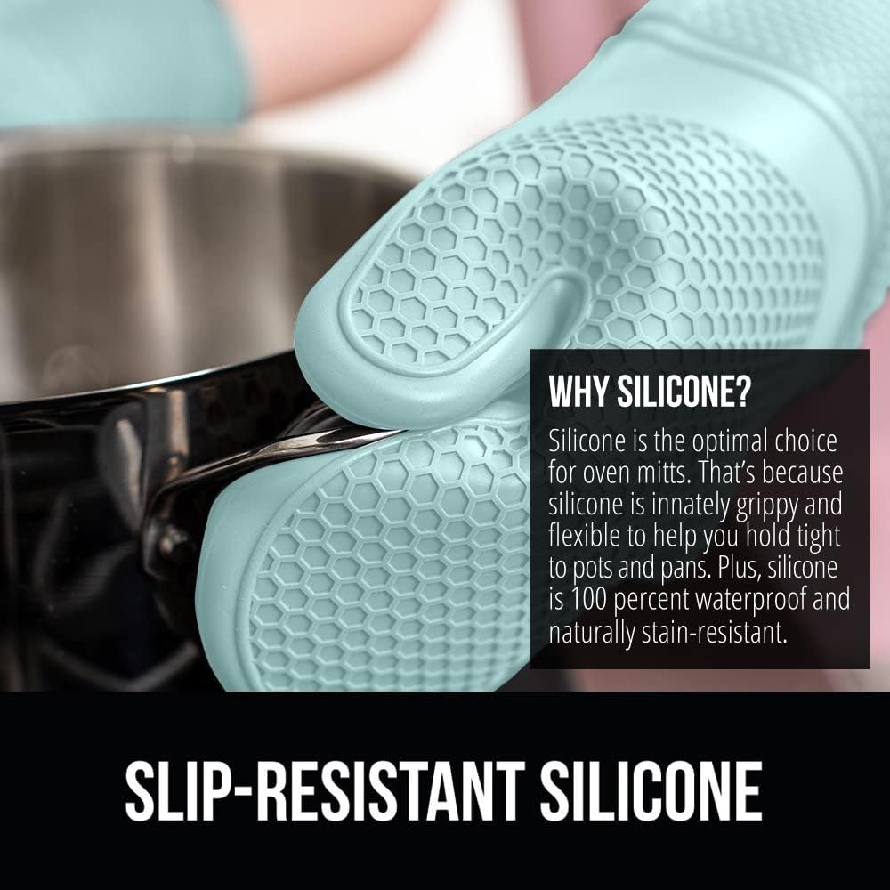GORILLA GRIP BPA-Free Soft Silicone Oven Mitts, 14.5x8.3, Heat Resistant and Waterproof Cooking Gloves, Thick Cotton Lining, Flexible Gripping for Baking Grilling, Kitchen Potholders Set of 2, Mint