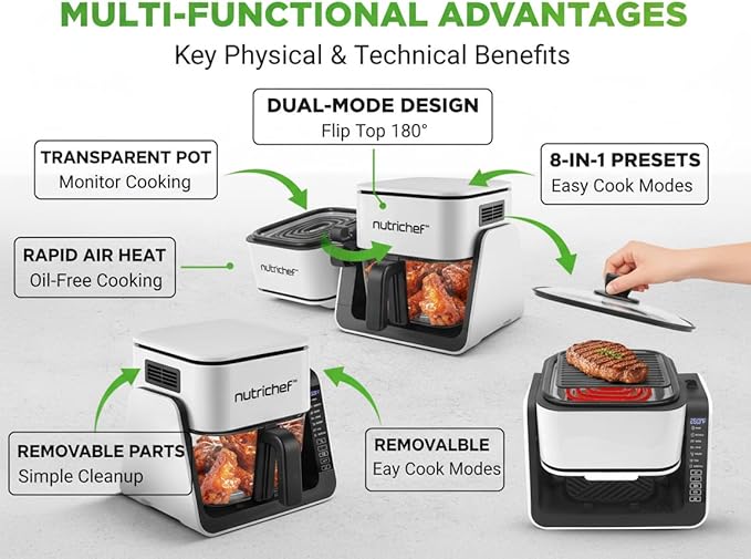 NutriChef 4 QT Air Fryer & Grill | 8-1 Preset Cook Modes | Transparent Fry Bowl for Best Cooking Results | Cook Shrimp, Steak, Fries, Wings & More | 4 QT Glass Air Fryer & 1.2 QT Grill | White