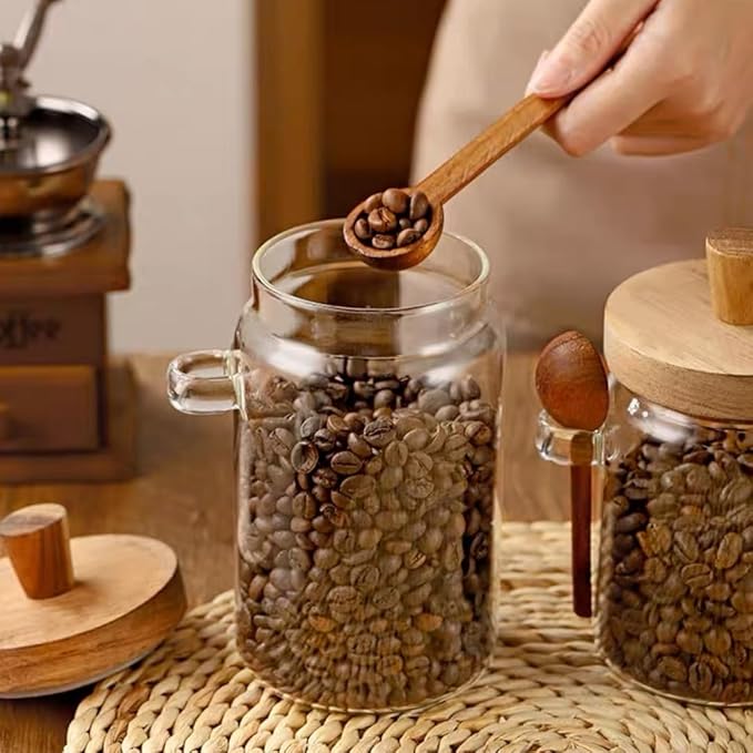 ANSQU Glass Jar with Wooden Lid & Spoon, 27oz Food Storage Containers Coffee Jar Coffee Grounds Container, Glass Food Storage Canister (1 Pack)