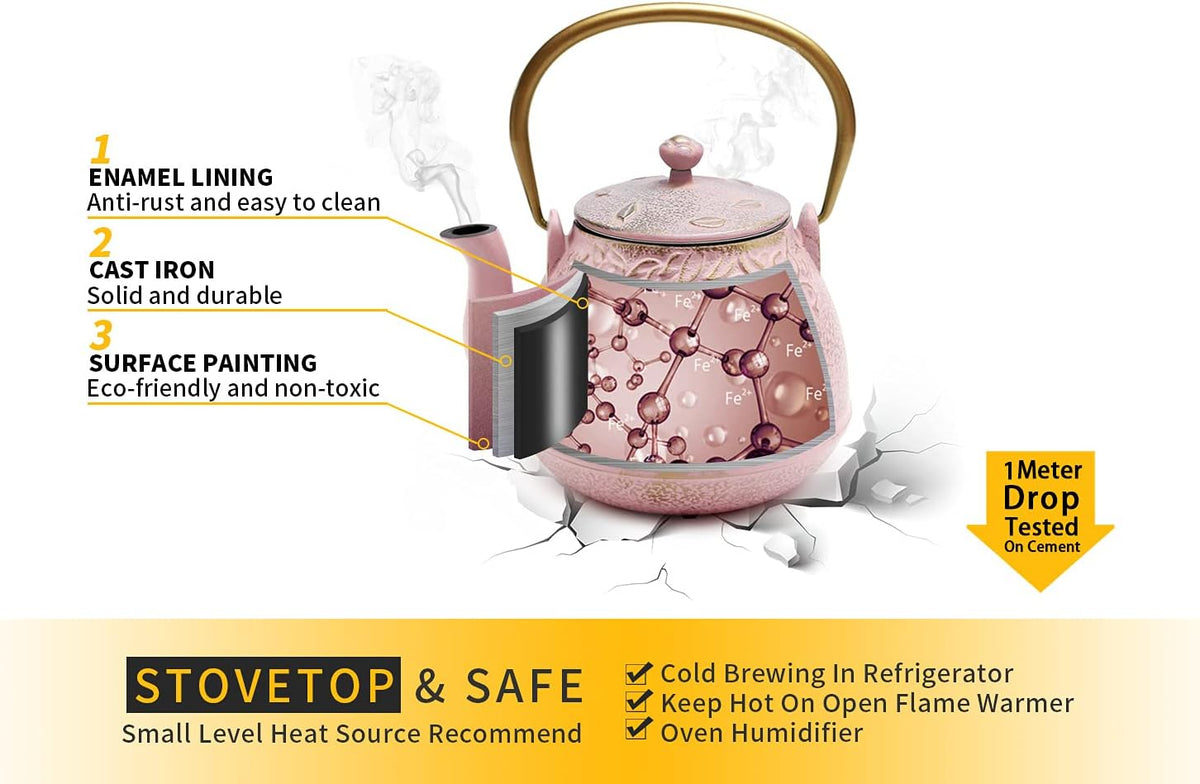 TOPTIER Japanese Cast Iron Teapot with Infuser, Stovetop Safe, Leaf Design Tea Kettle, Enameled Interior, 32 Ounce (950 ml), Blush Pink