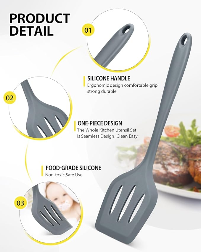 4 Pcs Silicone Kitchen Utensils Set, Wok Spatulas-Slotted Turner-Cooking Spoon-Slotted Spoon, Nonstick BPA Free High Heat Resistant Cooking Utensils for Frying, Mixing, Serving, Draining, Stirring
