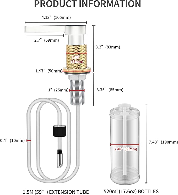 SD-80 All Brass Sink Soap Dispenser for Kitchen Sink Copper Pump Built in Dish Soap Dispenser with 17.6 oz(520ml) Bottle and 59"(1.5m) Extension Tube Kit (White)