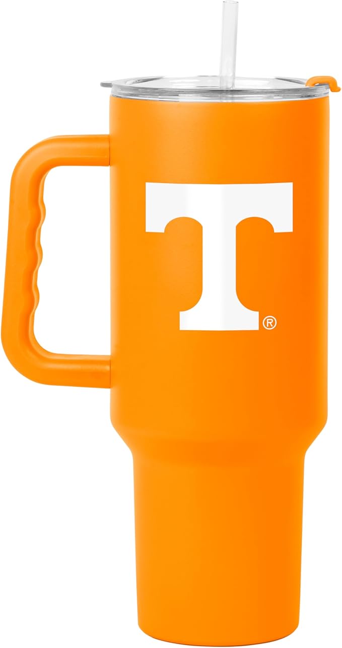 Logo Brands NCAA 40 oz Tumbler with Handle -Stainless Steel Insulated Travel Tumbler with Straw Lid – Powder Coated, Leak-Resistant, Keeps Drinks Hot/Cold – Great for Tailgating, or Everyday Use