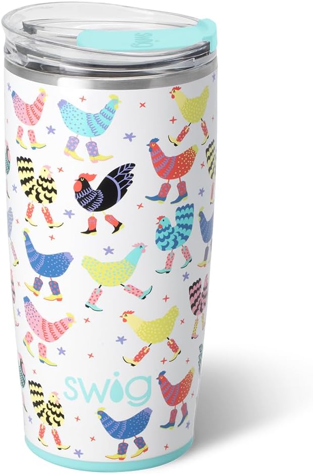 Swig Life 22oz Insulated Tumbler, Travel Coffee Tumbler with Lid, Cup Holder Friendly Travel Coffee Mug, Stainless Steel, 22 oz Tumblers, Reusable Insulated Mug with Lid (Funky Chicken)