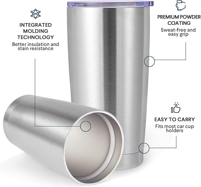 Volhoply 20oz Stainless Steel Tumbler with Lid and Straw Bulk 8 Pack,Double Wall Insulated Travel Iced Coffee Mug Fits Cup holder,Powder Coated Cups for Hot/Cold Drinks,Gifts for Women（Silver,8 Set）