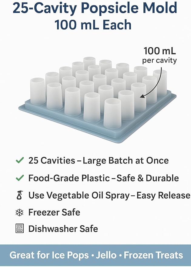 25-Cavity Ice Pop Gelatin Mold – Molde para Gelapaletas – 100 mL Popsicle Mold Tray – Plastic Frozen Treat Mold – Made in Mexico