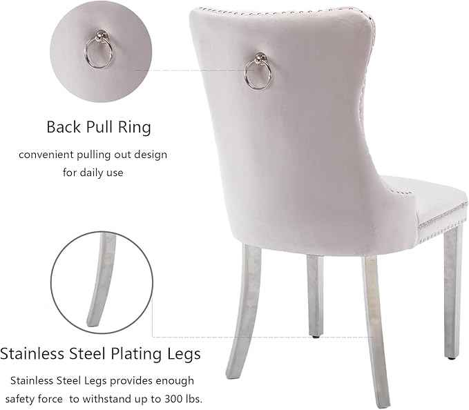 Velvet Dining Chairs Set of 2, Upholstered Dining Room Chairs with Back Ring Pull Trim and Sliver Stainless Steel Legs,Tufted Wingback Chair Perfect for Dining Room,Living Room,Kitchen(Beige)