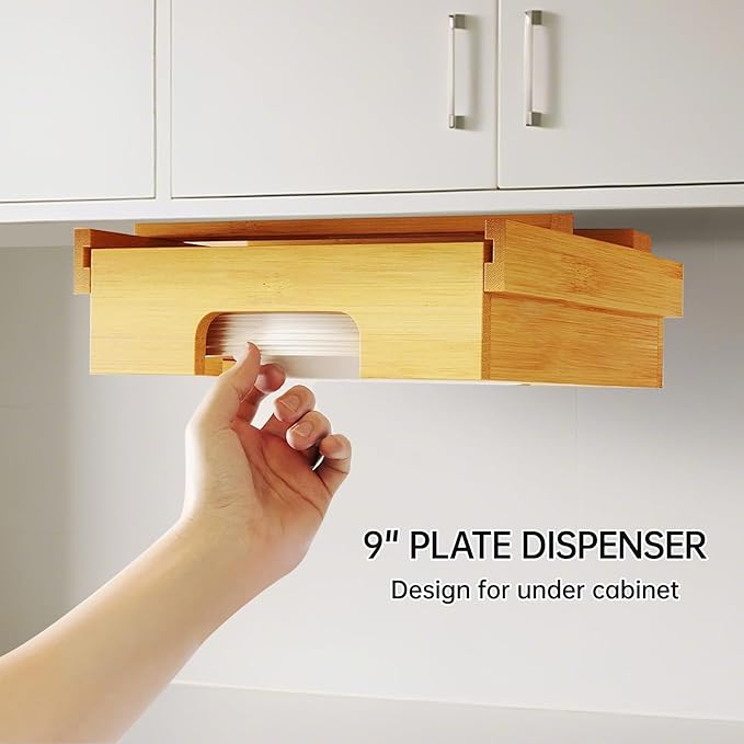 Bamboo Paper Plate Dispenser 9 inch - Wooden Paper Plate Dispenser Under Cabinet, Kitchen Countertop Vertical Plate Holder Organizer