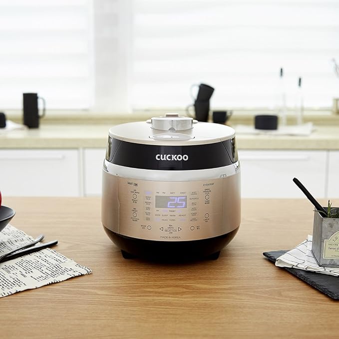 CUCKOO High Pressure Rice Cooker 3-Cup Uncooked / 6-Cup Cooked with Induction Heating Technology, Small Rice Maker with 16 Menu Options and Steam Plate, Voice Guide, Gold (CRP-EHSS0309F)