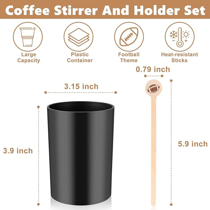 100 Pcs Football Coffee Stirrers with Holder 6 Inch Football Swizzle Sticks Wood Drink Stirrers Sports Black Stir Stick Holder Round End Cocktail Stirrers for Football Theme Party Favors Decoration