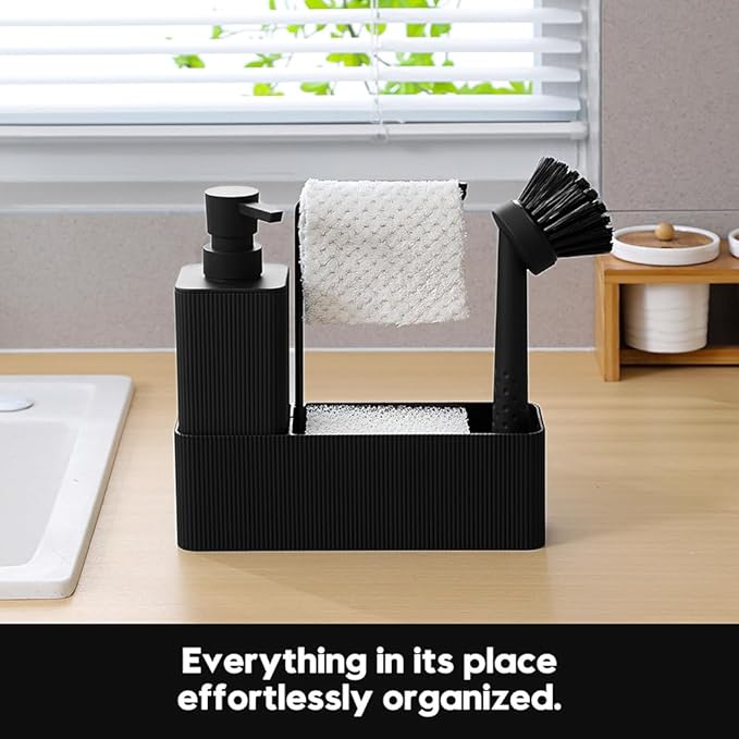 YAUKPH 4 in 1 Kitchen Soap Dispenser Set - Soap Dispenser Brush Sponge Holder Towel Rack (Striped Black)