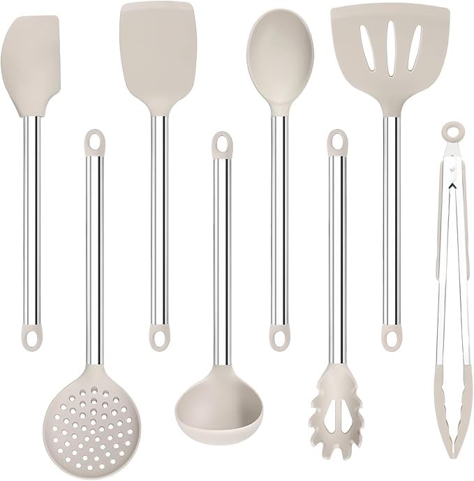 8 Pieces Kitchen Utensils Set, Vayvnt Silicone Cooking Utensils Set for Non-Stick Cookware, Stainless Steel Handle, Heat Resistant Kitchen Gadgets Includes Large Spatula Tongs, Dishwasher Safe, Khaki