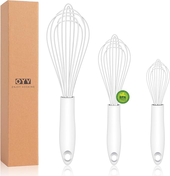 White Silicone Whisk, Sealed Waterproof Design Set of 3, Professional Kitchen Whisks for Cooking Non-Scratch, Silicone&Stainless Steel Whisk, Heat Resistant 480°F Rubber wisk, BPA free