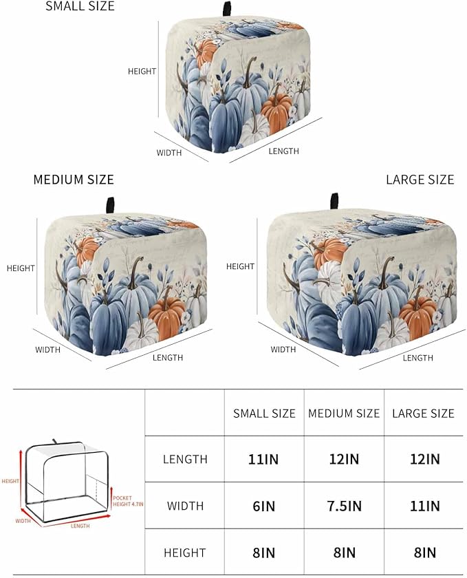 Blue Gray Pumpkin Fall Toaster Cover 2 Slice, Thanksgiving Botanical Dustproof Bakeware Oven Protector with Top Hook, Autumn Beige Waterproof Small Kitchen Appliance Toasters Dust Cover, 11"x6"x8"