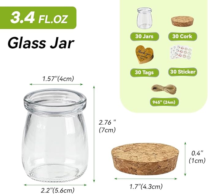 AIXIANG 60 Pack 3.5 oz Glass Jars with Cork Lid & Airtight Seal - Rustic Wedding Favors, Baby Shower Gifts, Candy & Spice Storage - Includes Twine, Labels (Multi-Purpose, Eco-Friendly)