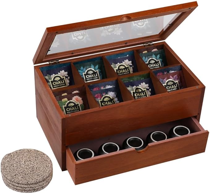 Tea Bag organizer Storage Box with Drawer Tea Organizers with Clear Acrylic Window Wooden Tea Box for Countertop with 8 Compartments Teabag Holder with 4 Cotton Woven Coasters（WBrown02）