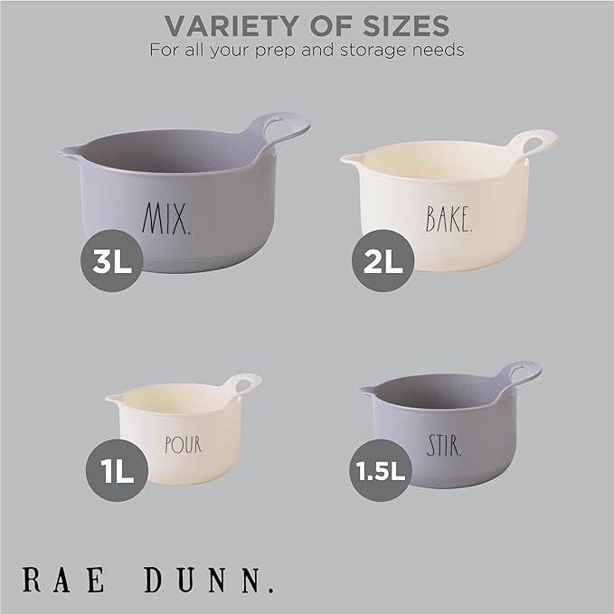 Rae Dunn Non-Slip Mixing Bowls - 4 Piece Nesting Plastic Mixing Bowl Set with Pour Spouts and Handles-Measurement Markings (Grey)