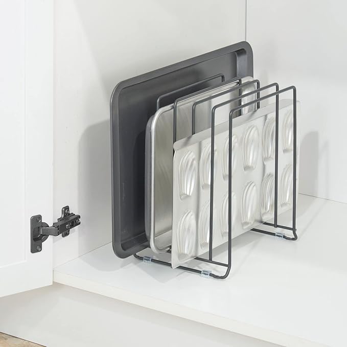 mDesign Pot Lid and Pan Rack — Metal Wire Rack for Cabinets, Pantries or Kitchen Surfaces — Freestanding Pan Stand with 5 Slots for Pans, Pots, Lids and Crockery — Dark Grey