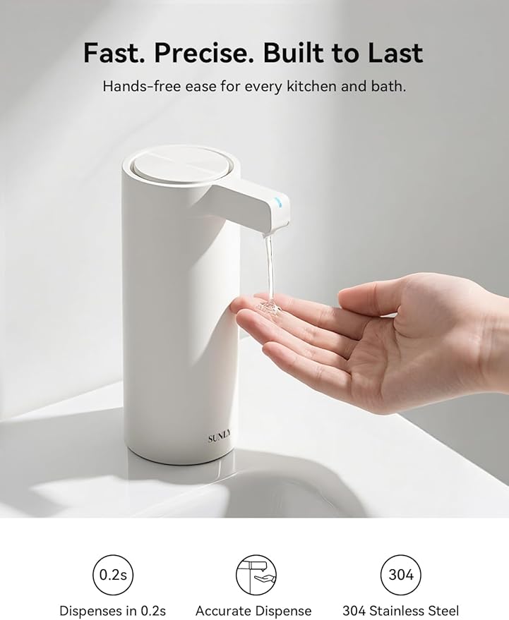 SUNLY Touchless Automatic Soap Dispenser – Clog-Free Pump, Fast Sensor, USB-C Rechargeable, Smudge-Resistant Stainless Steel, for Kitchen & Bathroom Soap Dispenser, White