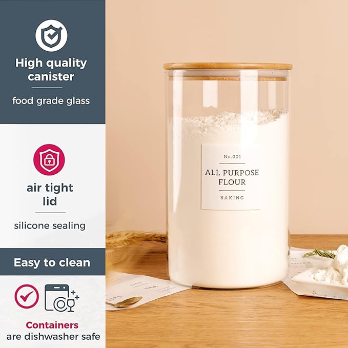 HHMJSM 1 Gallon Large Glass Food Storage Containers With Airtight Bamboo Lid - Kitchen Glass Storage Jars Canister With 42 Pantry Labels - Thicken Big Clear Rice Containers For Your Pantry