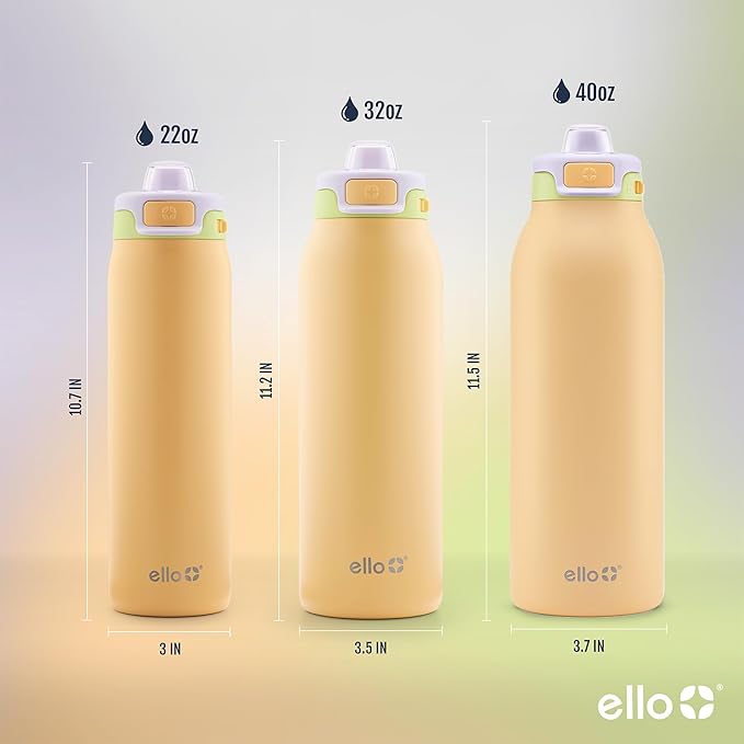 Ello Pop & Fill 22oz Stainless Steel Water Bottle with Quick Fill Technology, Double Walled and Vacuum Insulated Metal, Leak Proof Locking Lid, Sip and Chug, Reusable, BPA Free, Sunset Meadow