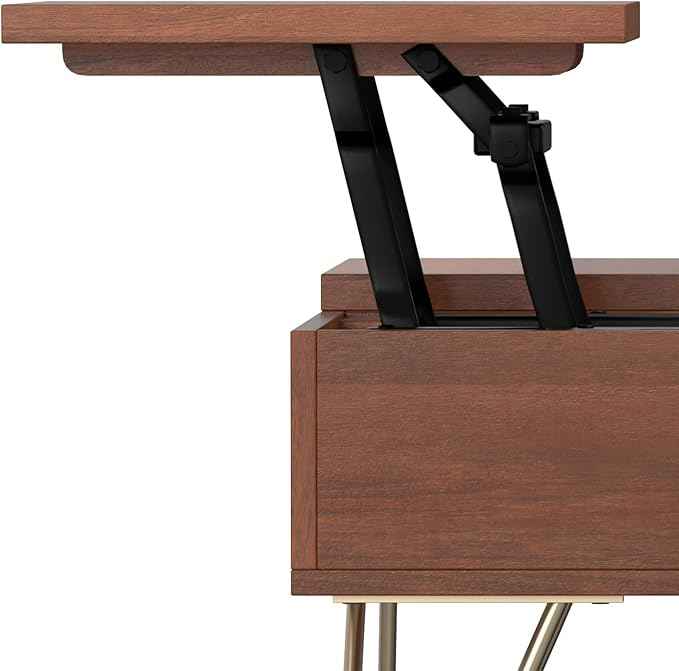 SIMPLIHOME Hunter Lift Top Coffee Table - 32 inch Wide Solid Mango Wood Industrial Square Cocktail Table in Umber Brown, Living Room Table with Dual Lift Tops, Hidden Storage and Gold Hairpin Legs