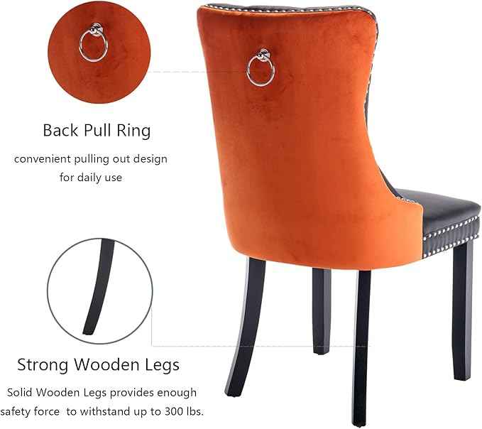 Dining Chairs Set of 2, Upholstered Dining Room Chairs with Back Ring Pull Trim and Solid Wood Legs, Modern Tufted Kitchen Chairs Perfect for Dining Room, Black Pu Leather Splicing Orange Velvet