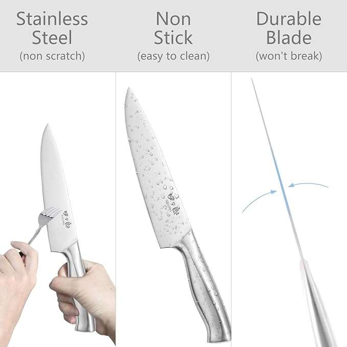 Knife Set, 8 Piece German Stainless Steel Hollow Handle Manual Knife Sharpener Forged Kitchen Knives Set with Oak Wooden Block Gift