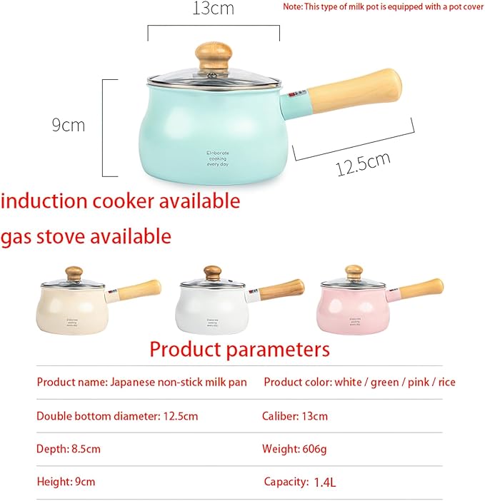1.2L beige small milk pot with lid cute wooden handle household non-stick pan hot milk baby baby food supplement pot noodle soup pot(size: 5.1 inches long x 3.5 inches high)