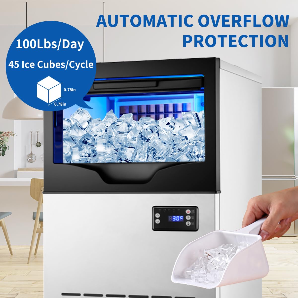 Commercial Ice Maker Machine, 100lbs/24H Stainless Steel Under Counter ice Machine with 22lbs Ice Storage Capacity, 6 Levels of Ice Thickness Adjustment, Ice Ready in 5-15 min