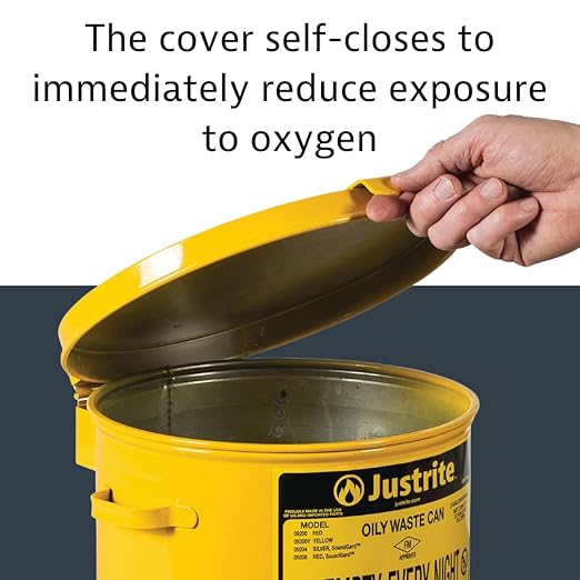 Justrite 2 Gallon Galvanized Steel Countertop Oily Waste Can, 9" x 9.6" Metal Oil Rag Safety Can with Hand Operated Self-Closing Lid for Oil Rag Disposal, Made in The USA, Yellow, 09200Y