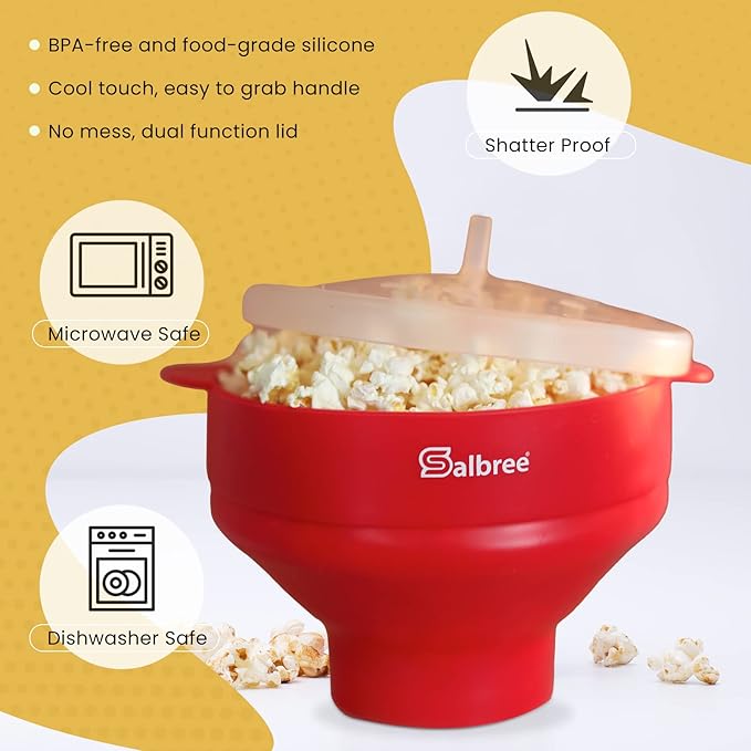 The Original Salbree Collapsible Silicone Microwave Popcorn Popper Maker Machine, Microwavable Bowl Holds 16 Cups, Uses Hot Air and Oil Always Optional - The Most Colors Available (Clear Purple)