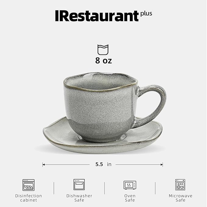 Organic Shape Restaurant 8oz Coffee Cup and Saucer, Commerical Grade Catering Stoneware Cups and Saucers in Ir-regular Organic Shape, Chip & Scratch Resistant, Glossy Reactive Glaze Grey, Case of 24