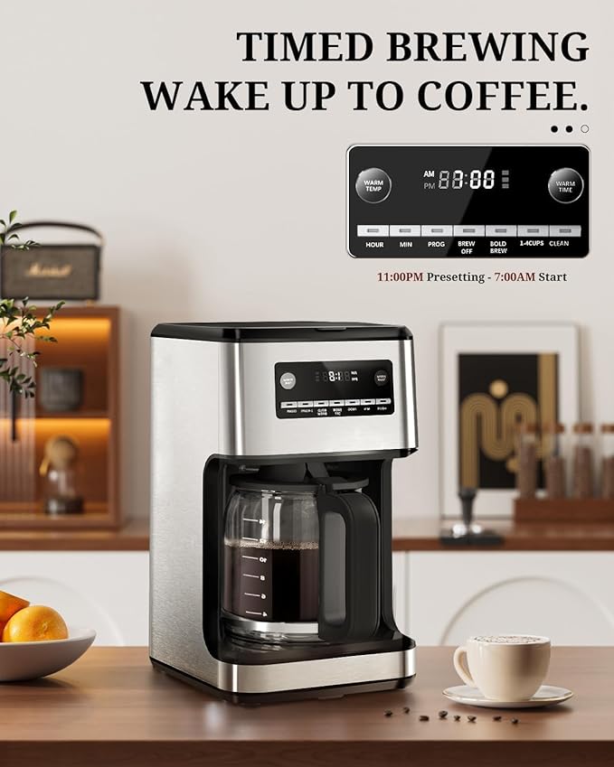 Kismile Coffee Maker, 14-Cup Programmable Drip Coffee Makers Machines with Timer, Keep Hot Plate & Reusable Filter, Self-Cleaning, Auto Pause, Stainless Steel