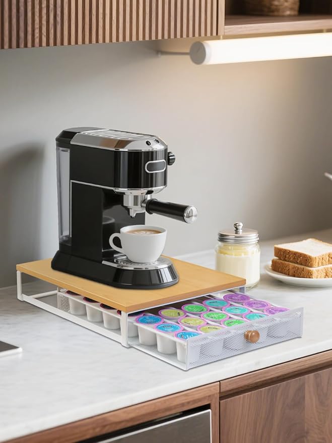 Sedegn Coffee Pod Holder Counter Coffee Vertuo Capsules Storage Organizer with Sliding Drawer Compatible For K-Cup Pods Nespresso Pods No Assembly Needed Oak Color