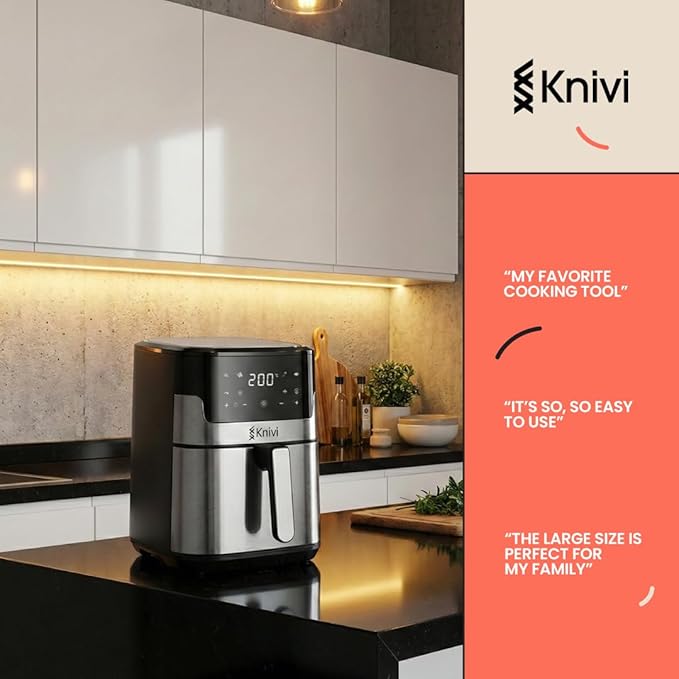 Knivi 8L Stainless Steel Air Fryer – 1500W Digital Touchscreen Airfryer Oven with 8 One-Touch Presets, Defrost & Bake – Large Family Size Non-Stick Basket, Dishwasher Safe – Silver