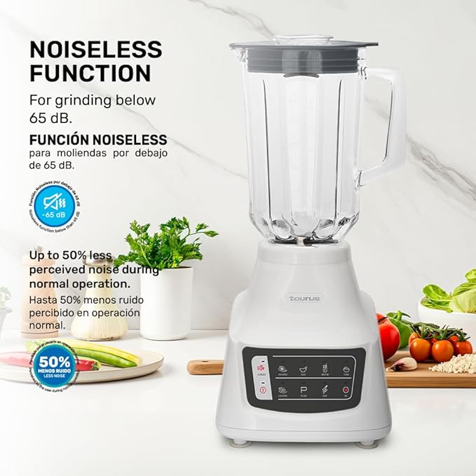 Taurus Potenza Comfort Blender, 1050W, 1.5L Glass Jar, Up to 50% Less Noise, Stainless Steel Blades, 9 Speed Settings, Quiet Powerful Blender for Smoothies, Ice, and Frozen Drinks