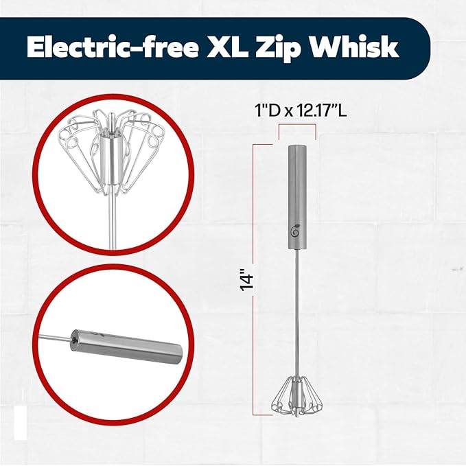 14 Inch Stainless Steel Hand Whisk - Durable & Easy to Use Push-Down Zip Whisker - Rotary Hand Mixer for Beating Eggs, Frothing Milk, Blending, Mixing, Whipping Smoothies & Shakes - Kitchen Tools