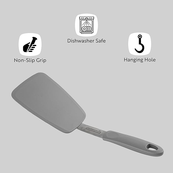 Restaurantware Comfy Grip 13.3 x 4 Inch Silicone Turner 1 Durable Cooking Turner - Stainless Steel Body Rubber Handle With Hole Gray Silicone Flipper Spatula Tolerates Up To 446F Dishwashable