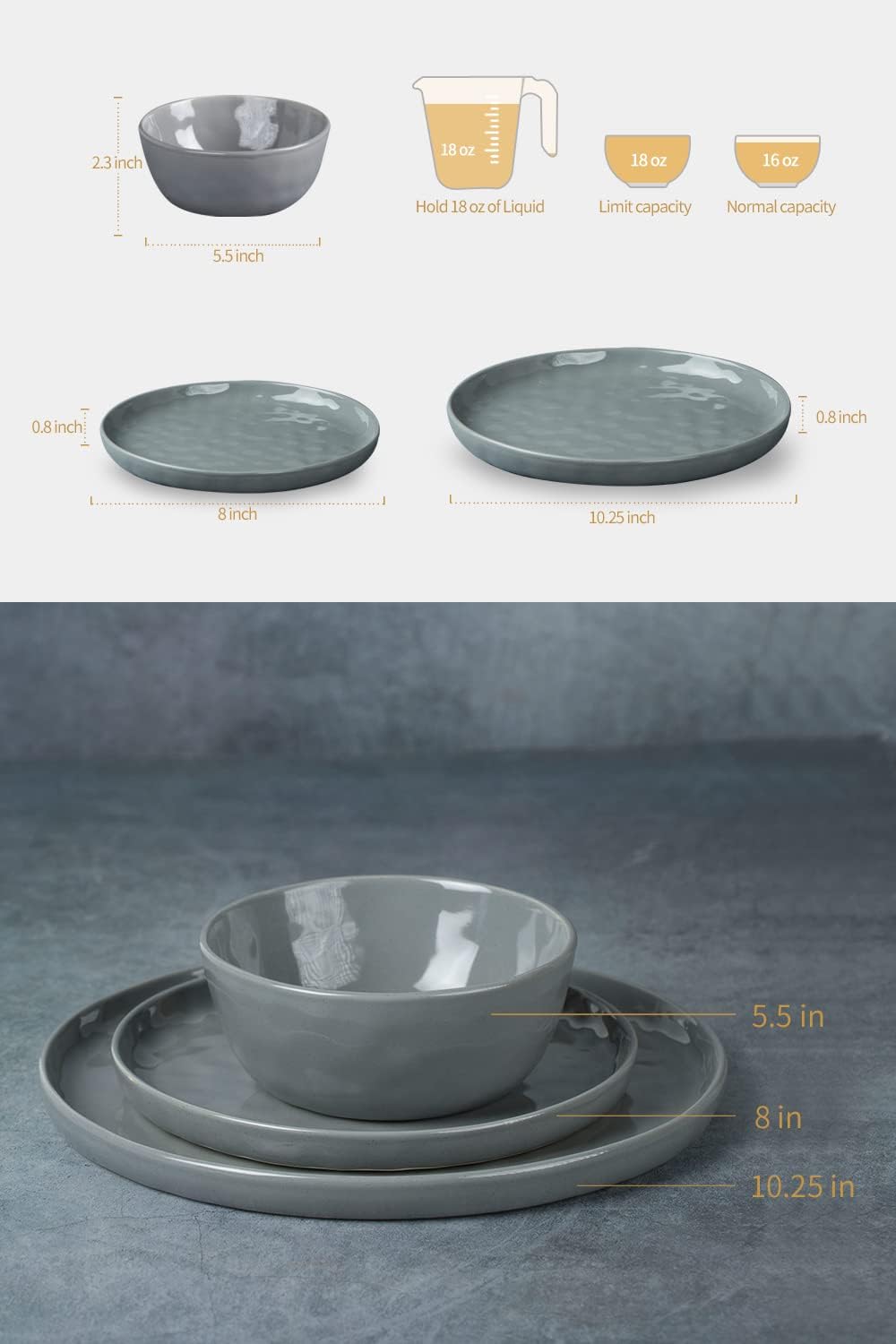 Famiware Mars Plates and Bowls Set, 12 Pieces Dinnerware Sets, Dishes Set for 4, Dark Gray