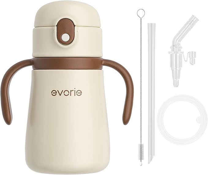 Evorie 11oz Leak Proof Vacuum Insulated Stainless Steel Sippy Cup for Toddlers (1 Pack, White) + Replacement Straw Set Bundle