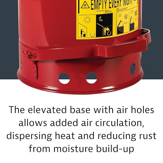 Justrite 10 Gallon Galvanized Steel Oily Waste Can, 18" x 14" Metal Oil Rag Safety Can with Quiet Foot Operated Self-Closing Lid for Oil Rag Disposal, Made in The USA, Red, 09308