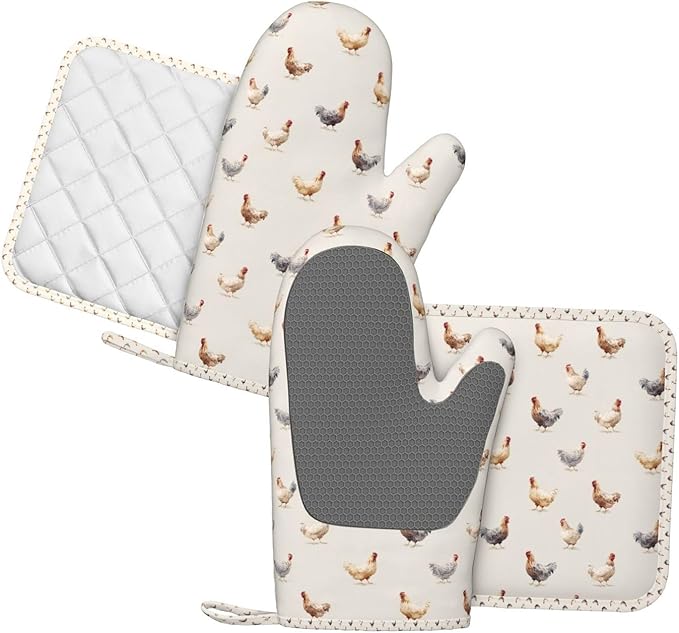 Oven Mitts and Pot Holders Set, Chicken Pattern Silicone Kitchen Accessories 4 Piece Heat Resistant Long Gloves Potholder Non-Slip Grip for Chef Cooking Baking Grilling BBQ