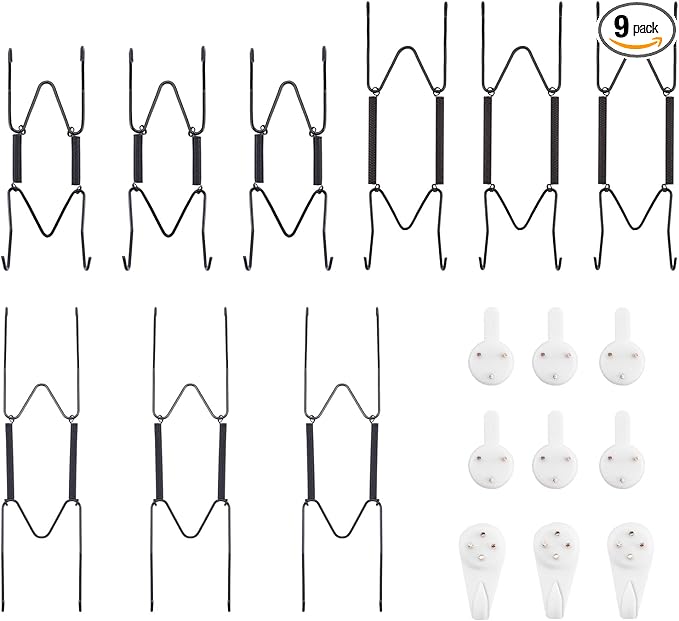 Bilillo 9-Piece Stainless Steel Wall Plate Hangers, 4/6/8 Inch Invisible Decorative Wire Plate Holders with 9 Pieces Wall Hooks for 4 to 10 Inch (Black)