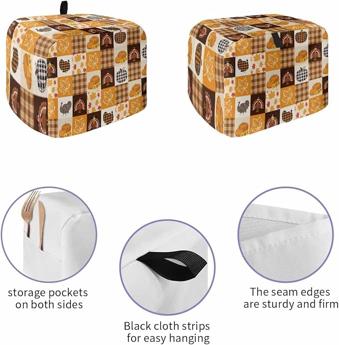 Orange Plaid Fall Toaster Cover 2 Slice, Thanksgiving Pumpkins Turkey Dustproof Bakeware Oven Protector with Top Hook, Maple Leaf Waterproof Small Kitchen Appliance Toasters Dust Cover, 12"x7.5"x8"