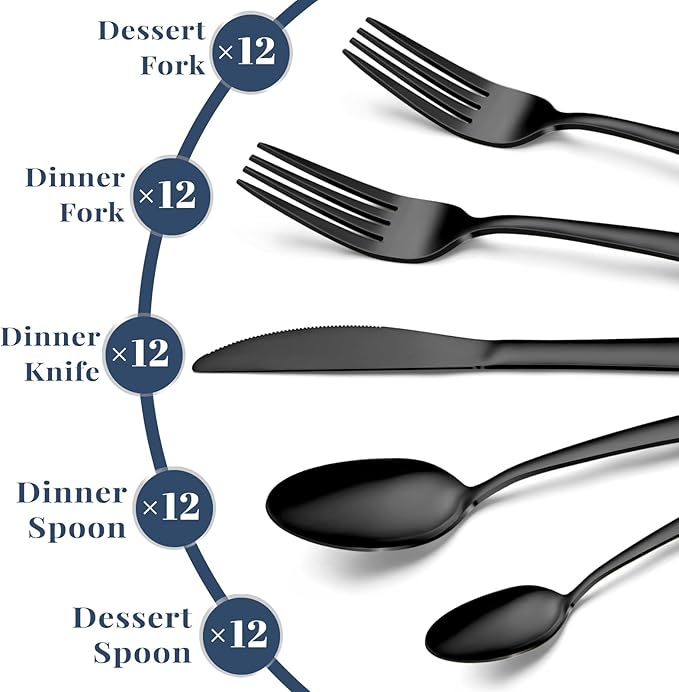 Hunnycook 60-Piece Black Silverware Set - Stainless Steel Silverware Set for 12, Includes Forks Spoons and Knives, Utensil Sets for Home Kitchen Restaurant, Dishwasher Safe