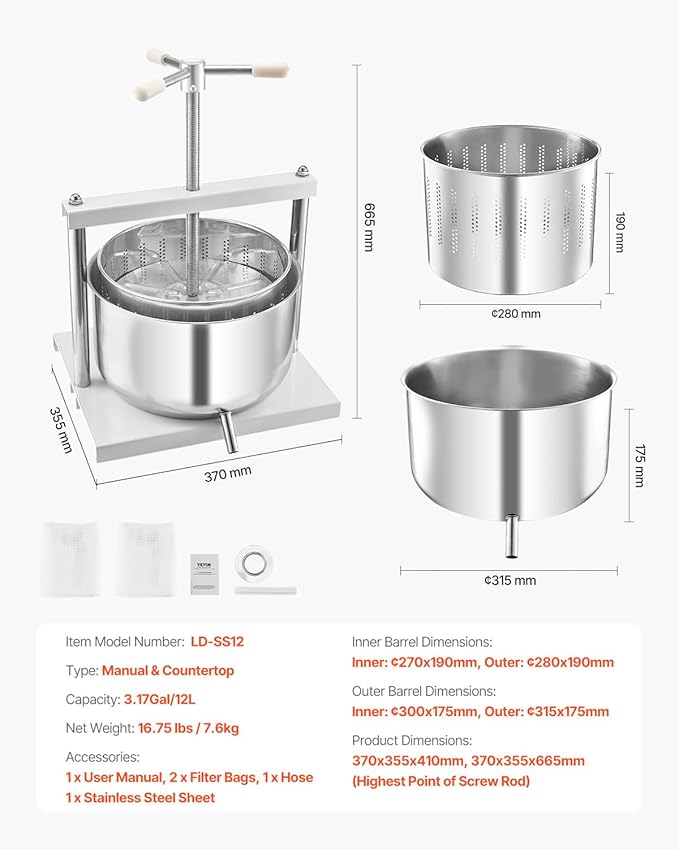 VEVOR 3.17 Gal/12L Fruit Wine Press, 2 Stainless Steel Barrels, Manual Juice Maker, Cider Apple Grape Tincture Honey Olive Oil Making Press with Triangular Handle for Outdoor Kitchen Home