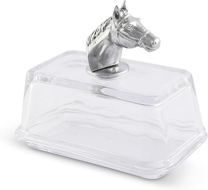 Arthur Court Glass Butter Dish with Lid Horse Head Knob | Classic 2-Piece Design Covered Butter Keeper | Covers and Holds a Standard Stick of Butter | Equestrian Farm Horse Décor